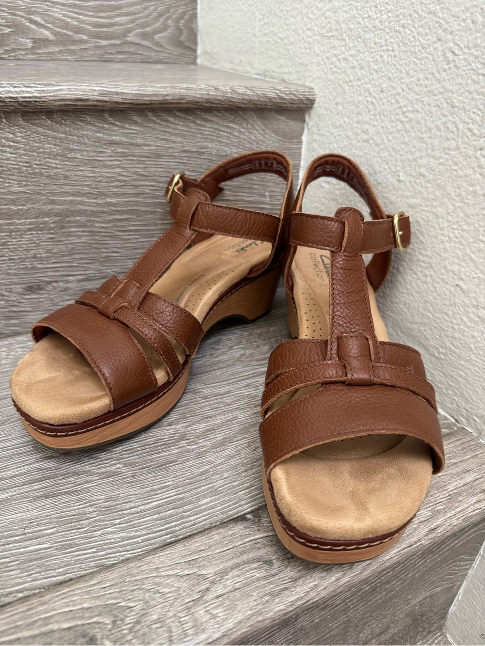 Clarks Brown Leather T-Strap Wedge Sandals